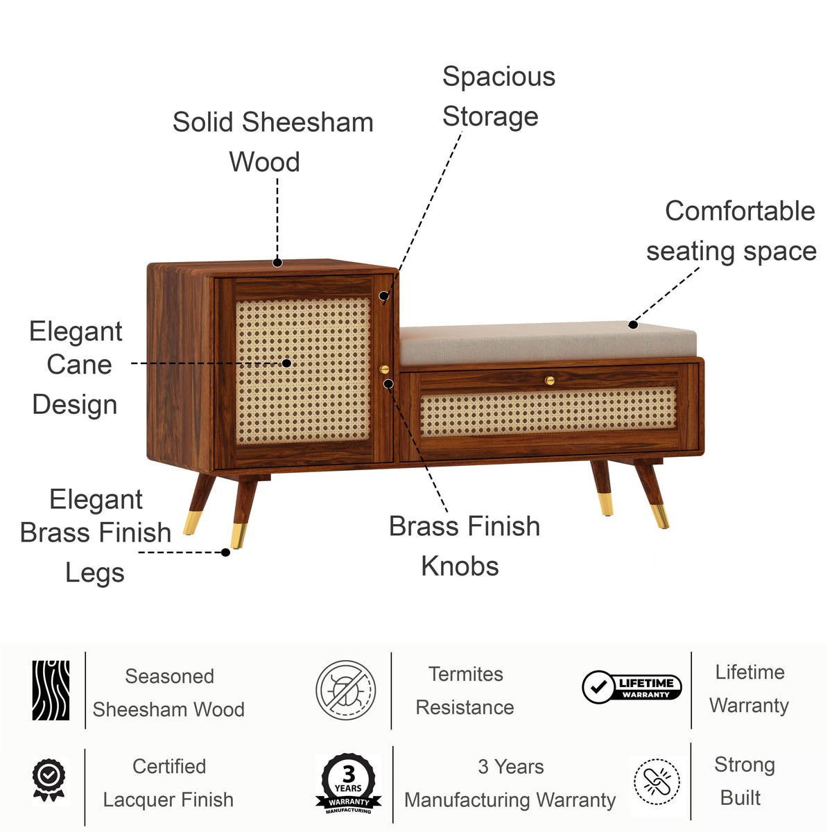 Martino Solid Sheesham Wood Shoe Rack with Doors, Seating Space 3 - Year Warranty