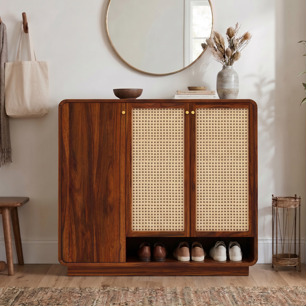 Naptune Solid Sheesham Wood Shoe Rack With Three  Doors and Open Shelf- 3-Year Warranty