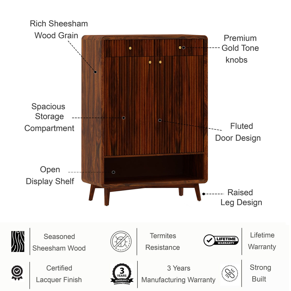 Robert Solid Sheesham Wood Shoe Rack With Two Doors, Drawer and Open Shelf- 3-Year Warranty features