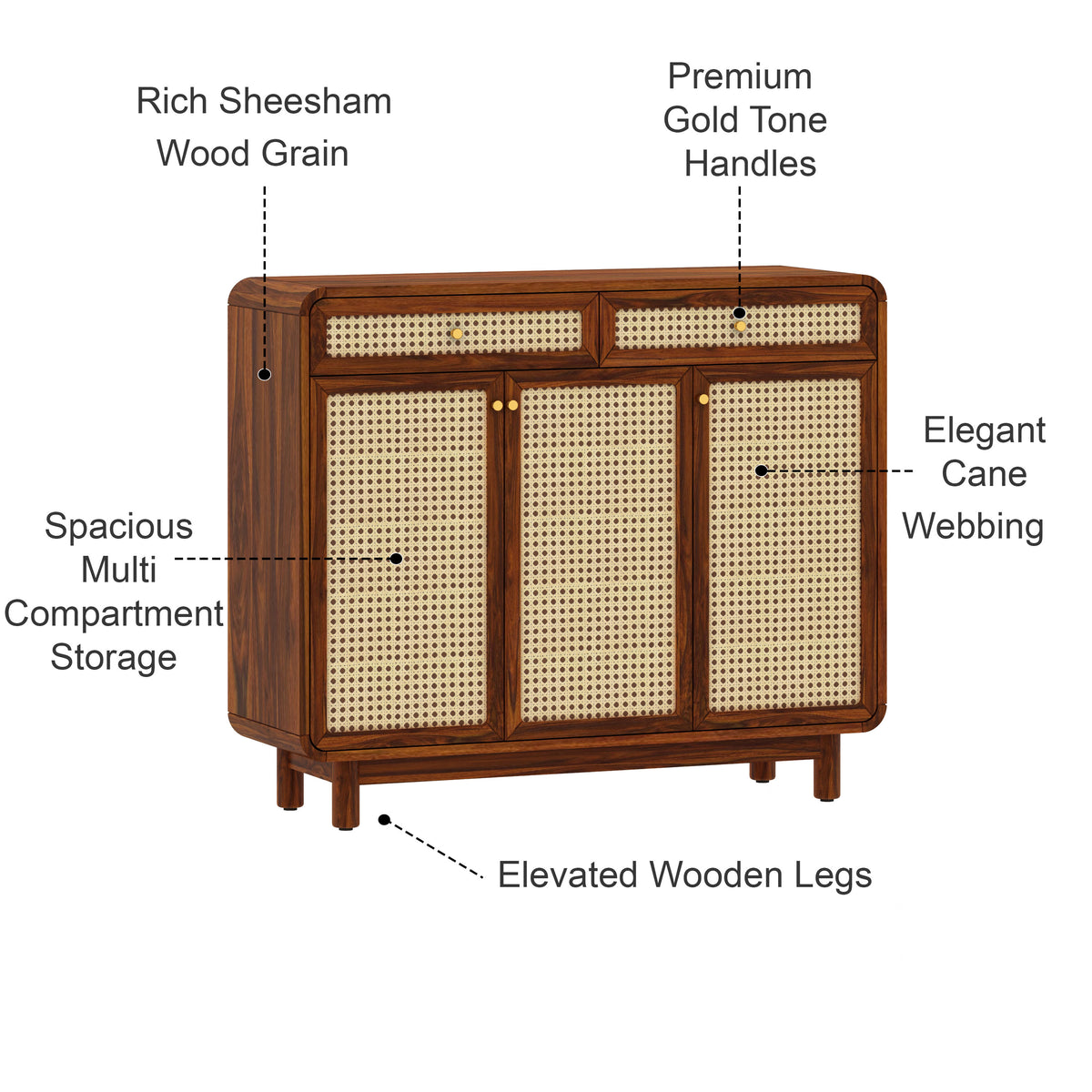 Cosmos Solid Sheesham Wood Shoe Rack With three Doors and Two Drawer 3 - Year Warranty