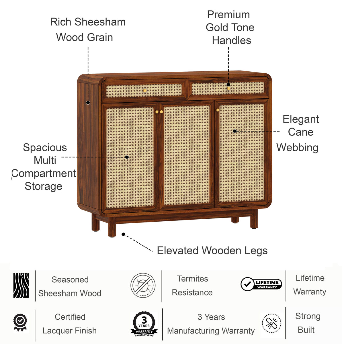 Cosmos Solid Sheesham Wood Shoe Rack With three Doors and Two Drawer 3 - Year Warranty features