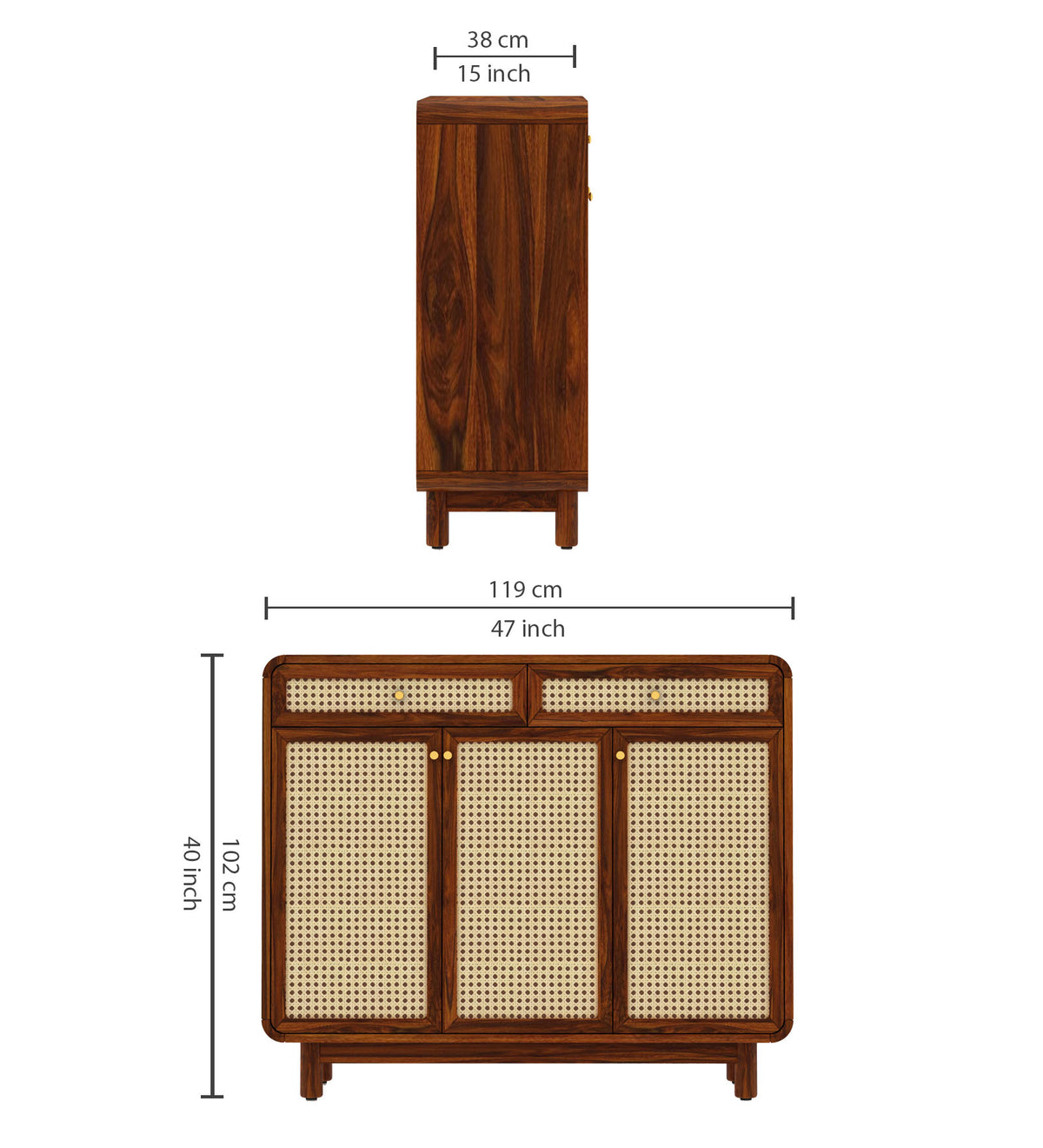 Cosmos Solid Sheesham Wood Shoe Rack With three Doors and Two Drawer 3 - Year Warranty