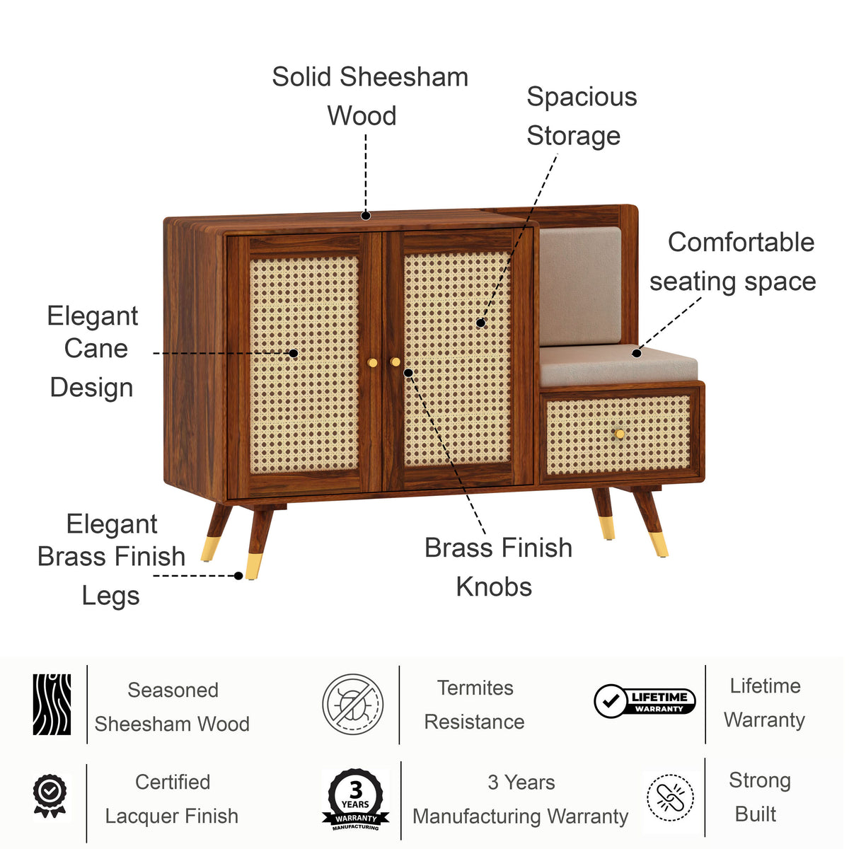 SYRUS Solid Sheesham Wood Shoe Rack with Doors, Seating Space 3 - Year Warranty features