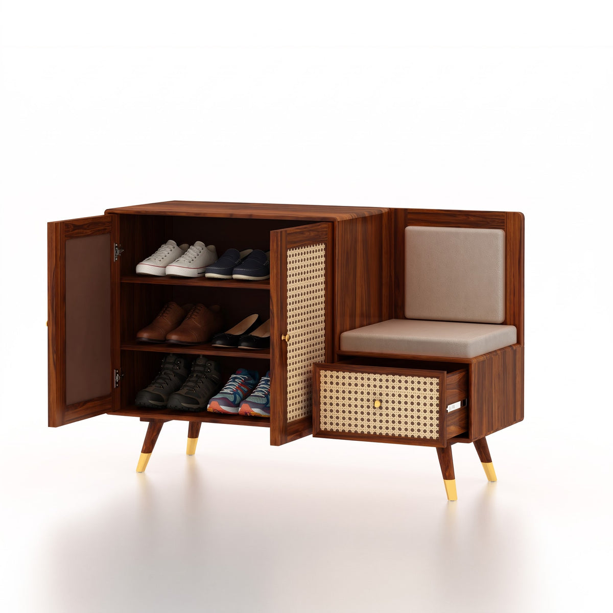 SYRUS Solid Sheesham Wood Shoe Rack with Doors, Seating Space 3 - Year Warranty