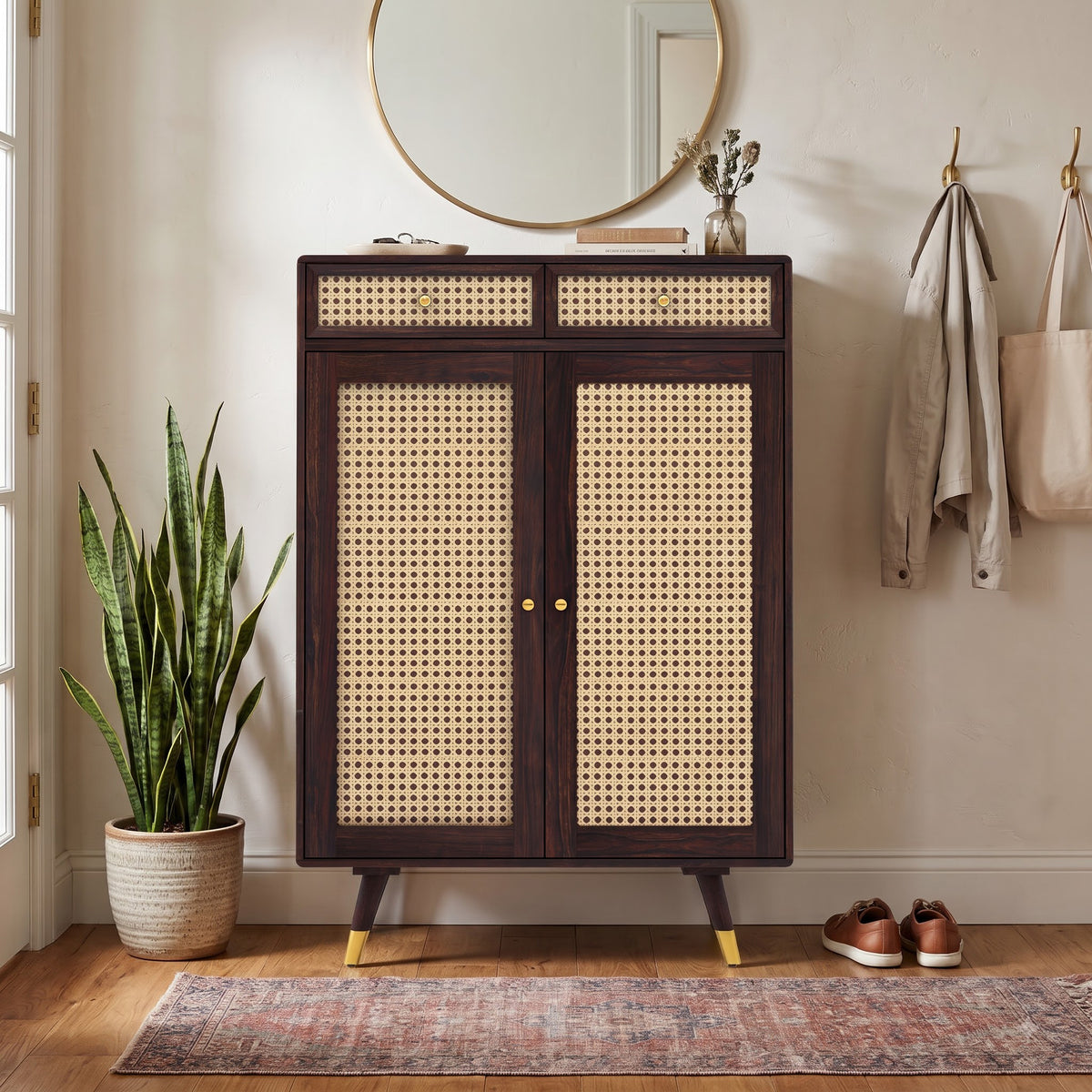 Riverton Solid Sheesham Wood Shoe Rack With Two Doors and Drawer - 3-Year Warranty