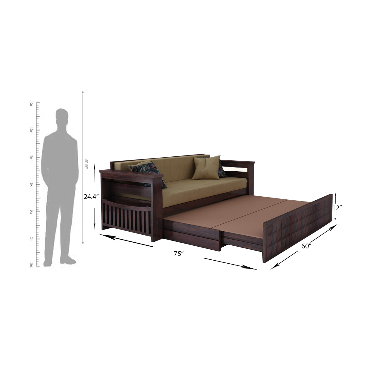 OSLO Solid Sheesham Wood 3 Seater Sofa Cum Bed With Mini Storage and Side Pockets - 3 Years Warranty