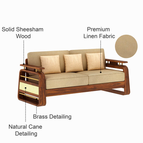 Edin Solid Sheesham Wood 3 Seater Sofa With Cane & Brass Detailing - 3 Year Warranty (LUXE EDITION)