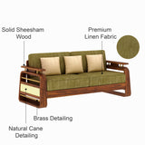 Edin Solid Sheesham Wood 3 Seater Sofa With Cane & Brass Detailing - 3 Year Warranty (LUXE EDITION)
