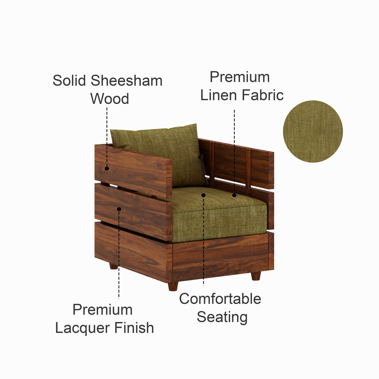 Cairo Solid Sheesham Wood Single Seater Sofa - 3 Year Warranty (LUXE EDITION)