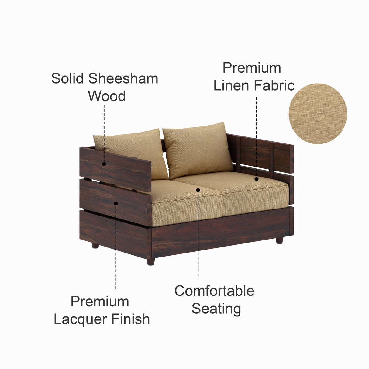 Cairo Solid Sheesham Wood 2 Seater Sofa - 3 Year Warranty (LUXE EDITION)