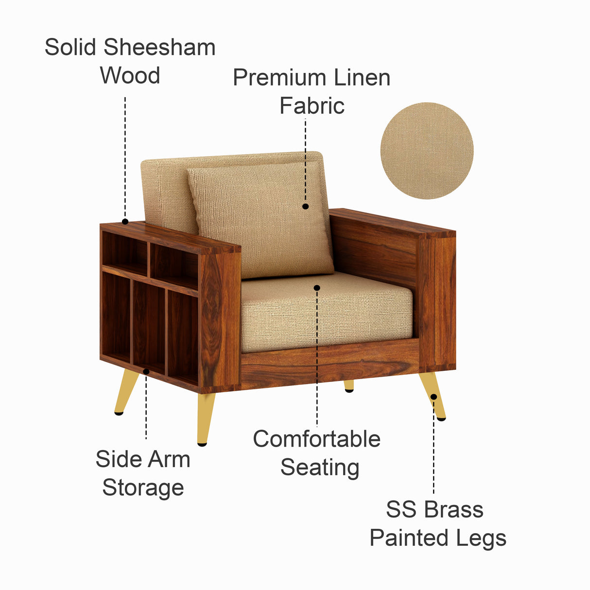 Bolt Solid Sheesham Wood Single Seater Sofa With Side Storage - 3 Year Warranty (LUXE EDITION)