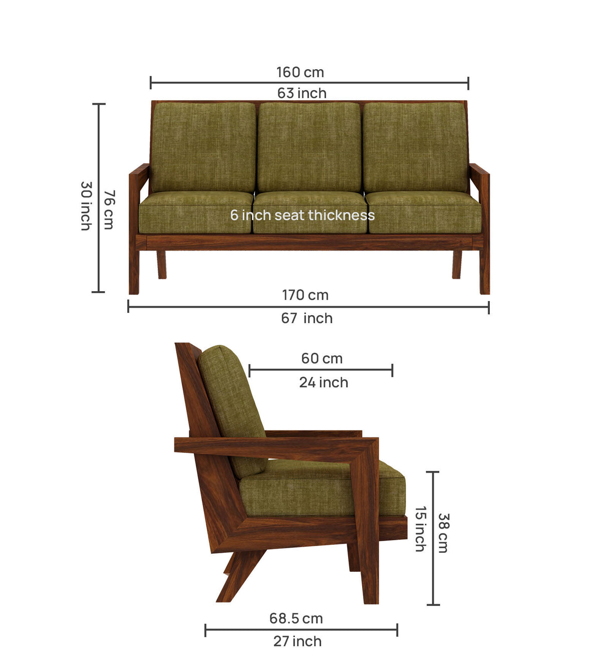 AURA Solid Sheesham Wood 3 Seater Sofa - 3 Year Warranty (LUXE EDITION)