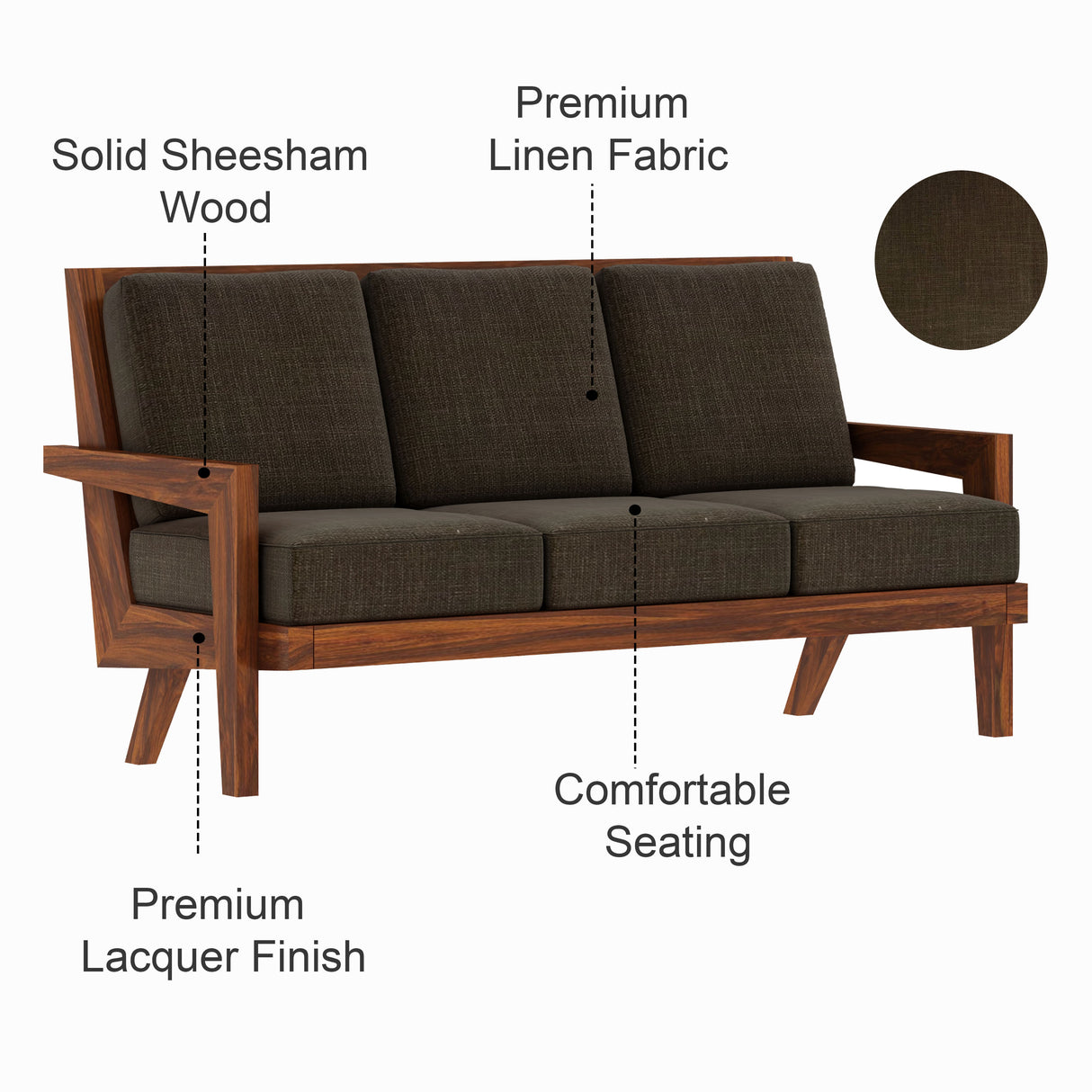 AURA Solid Sheesham Wood 3 Seater Sofa - 3 Year Warranty (LUXE EDITION)