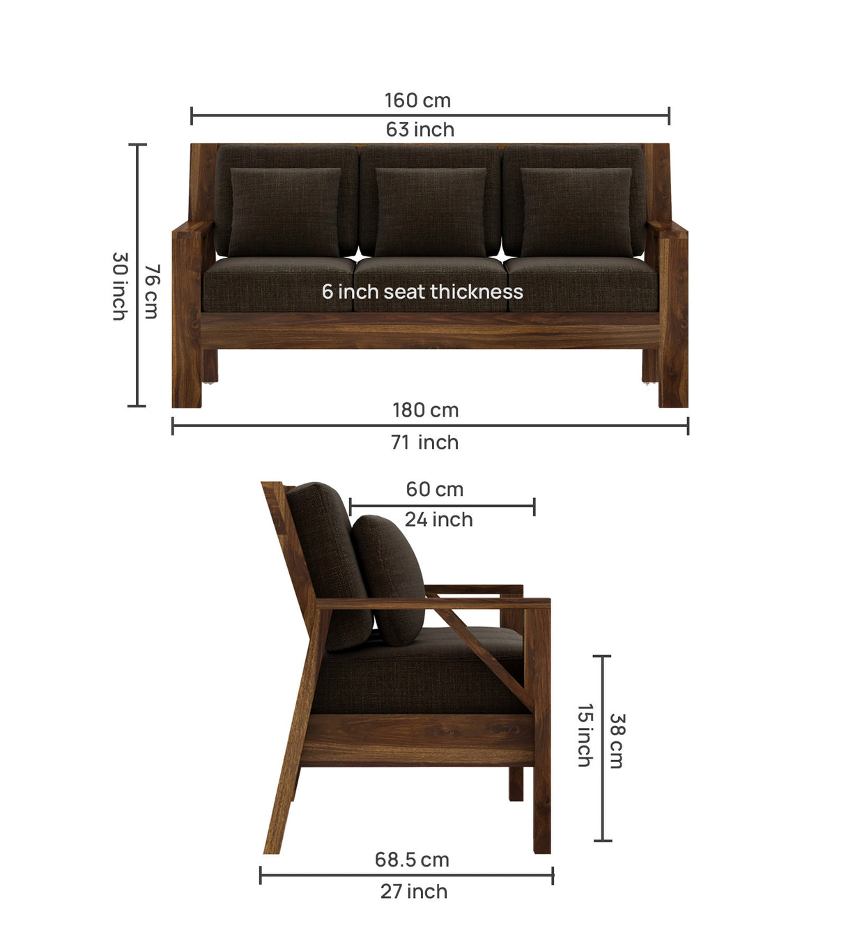 CIZAR Solid Sheesham Wood 3 Seater Sofa - 3 Year Warranty (LUXE EDITION)