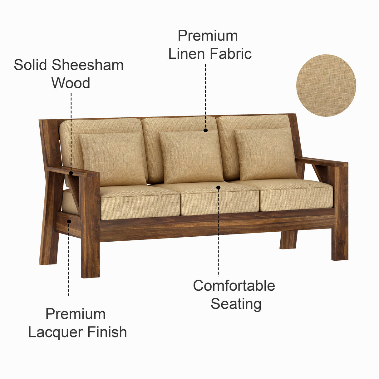 CIZAR Solid Sheesham Wood 3 Seater Sofa - 3 Year Warranty (LUXE EDITION)