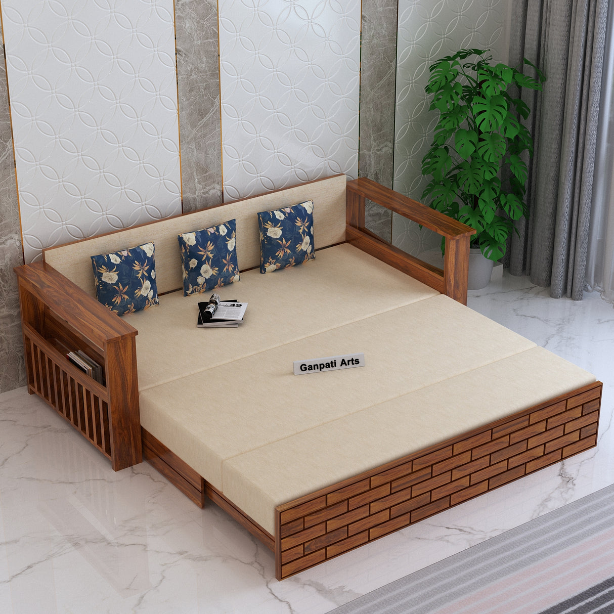 Italian Solid Sheesham Wood 3 Seater Sofa Cum Bed With Side Pockets and Fabric at Back- 1 Year Warranty