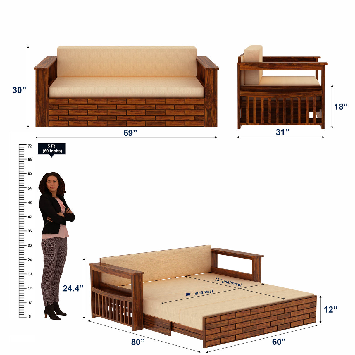 Italian Solid Sheesham Wood 3 Seater Sofa Cum Bed With Side Pockets and Fabric at Back- 1 Year Warranty