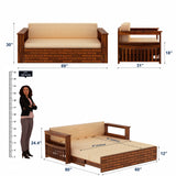Italian Solid Sheesham Wood 3 Seater Sofa Cum Bed With Side Pockets and Fabric at Back- 3 years Warranty