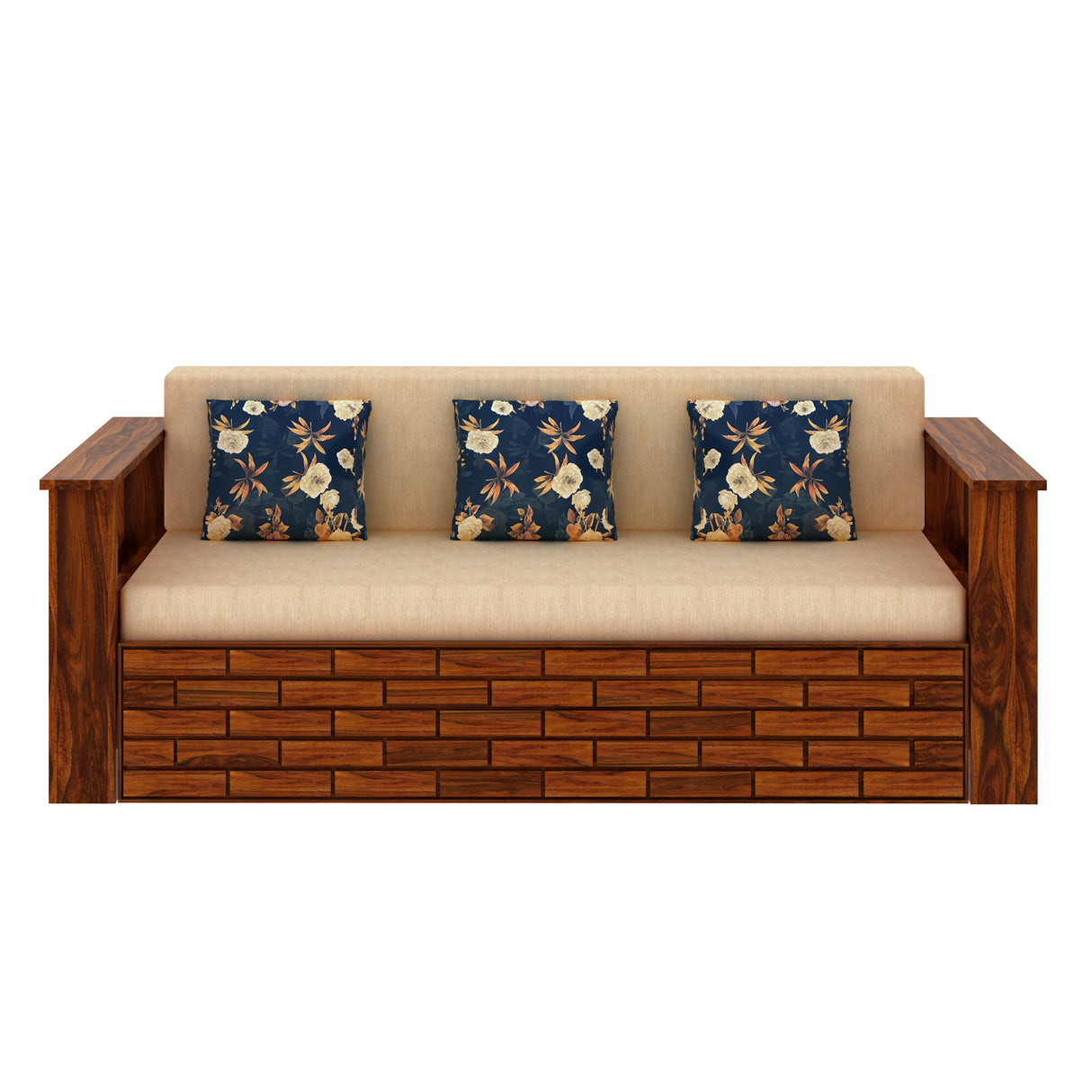 Italian Solid Sheesham Wood 3 Seater Sofa Cum Bed With Side Pockets and Fabric at Back- 1 Year Warranty