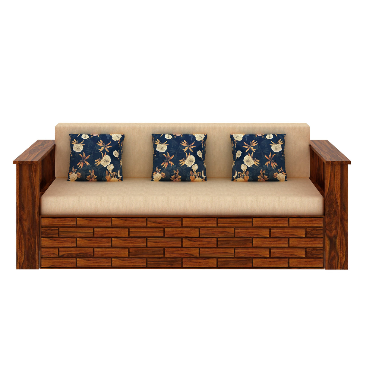 Italian Solid Sheesham Wood 3 Seater Sofa Cum Bed With Side Pockets and Fabric at Back- 3 years Warranty