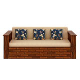Italian Solid Sheesham Wood 3 Seater Sofa Cum Bed With Side Pockets and Fabric at Back- 3 years Warranty