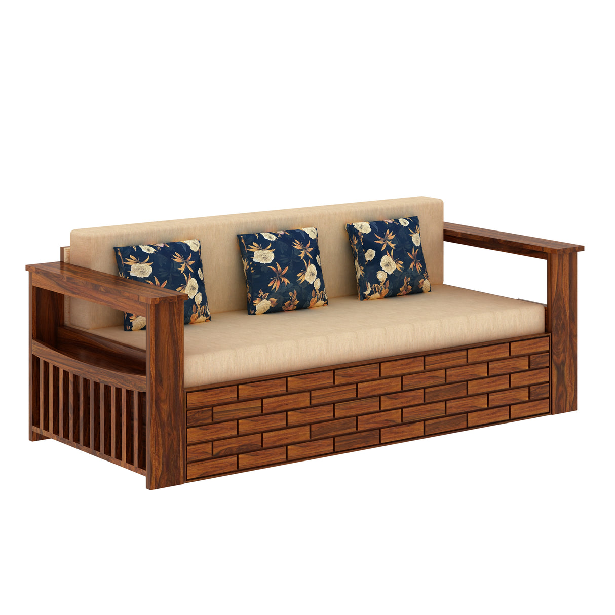 Italian Solid Sheesham Wood 3 Seater Sofa Cum Bed With Side Pockets and Fabric at Back- 1 Year Warranty