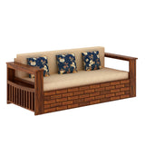 Italian Solid Sheesham Wood 3 Seater Sofa Cum Bed With Side Pockets and Fabric at Back- 3 years Warranty