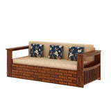 Italian Solid Sheesham Wood 3 Seater Sofa Cum Bed With Side Pockets and Fabric at Back- 1 Year Warranty