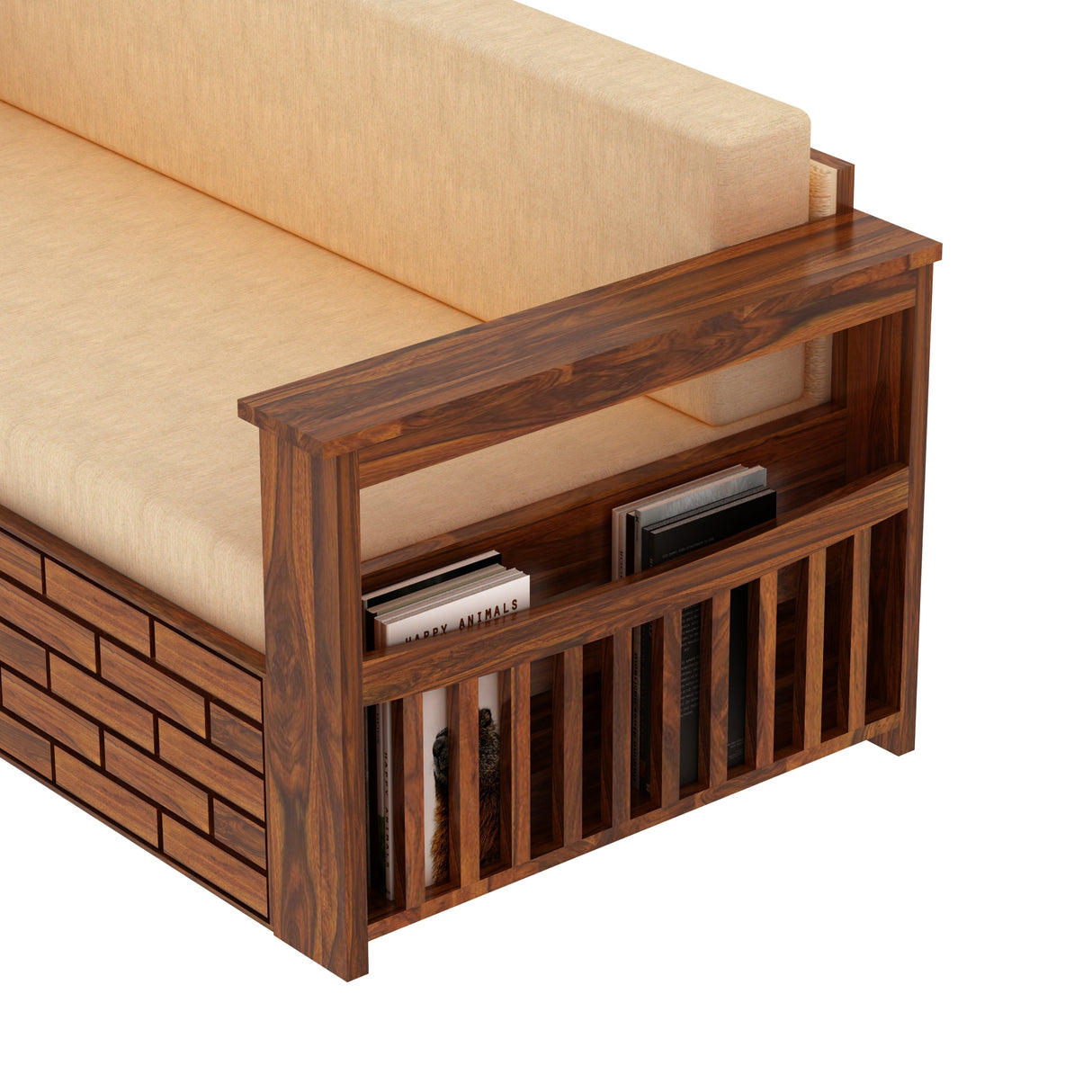 Italian Solid Sheesham Wood 3 Seater Sofa Cum Bed With Side Pockets and Fabric at Back- 3 years Warranty