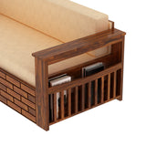 Italian Solid Sheesham Wood 3 Seater Sofa Cum Bed With Side Pockets and Fabric at Back- 3 years Warranty