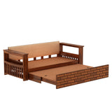 Italian Solid Sheesham Wood 3 Seater Sofa Cum Bed With Side Pockets and Fabric at Back- 1 Year Warranty