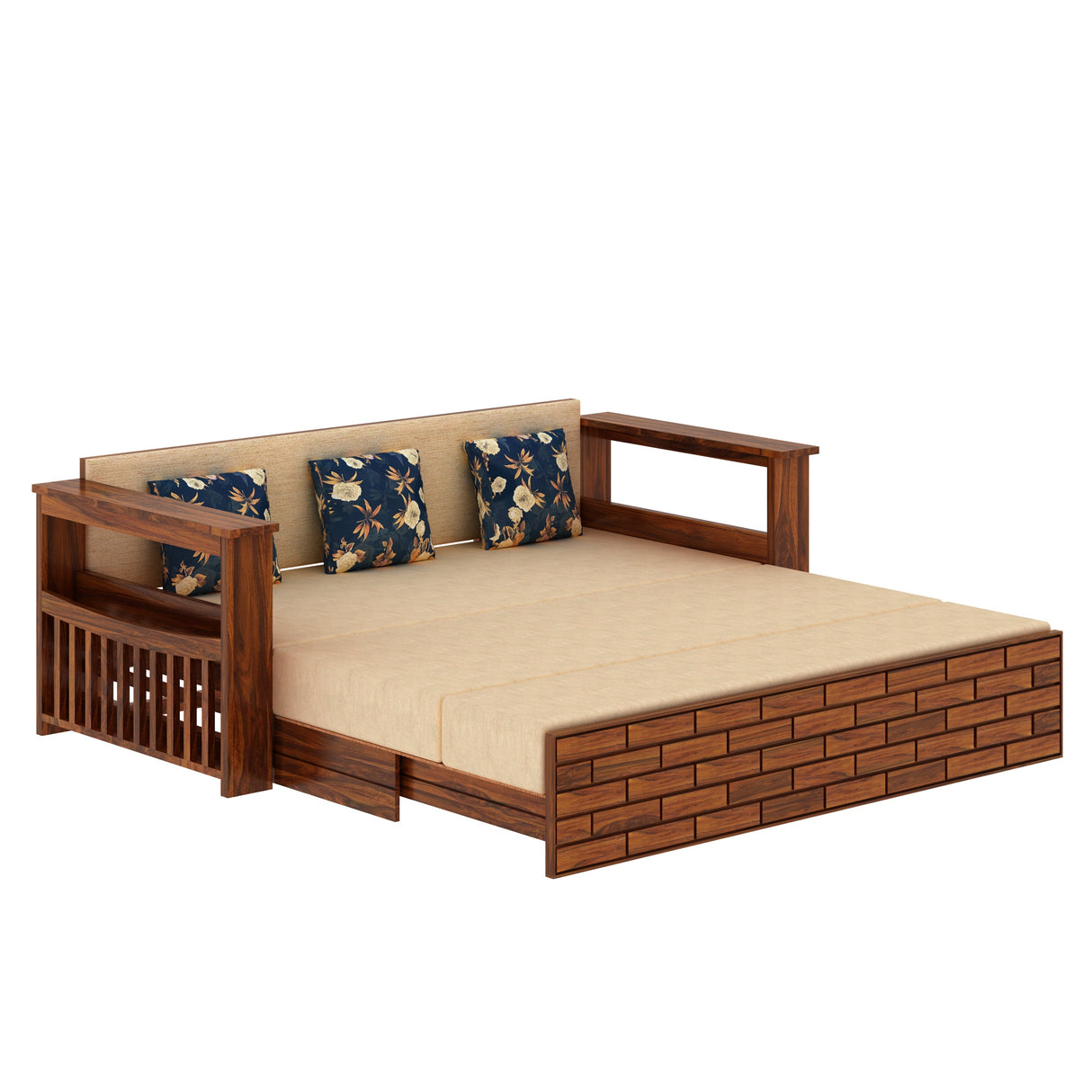 Italian Solid Sheesham Wood 3 Seater Sofa Cum Bed With Side Pockets and Fabric at Back- 3 years Warranty