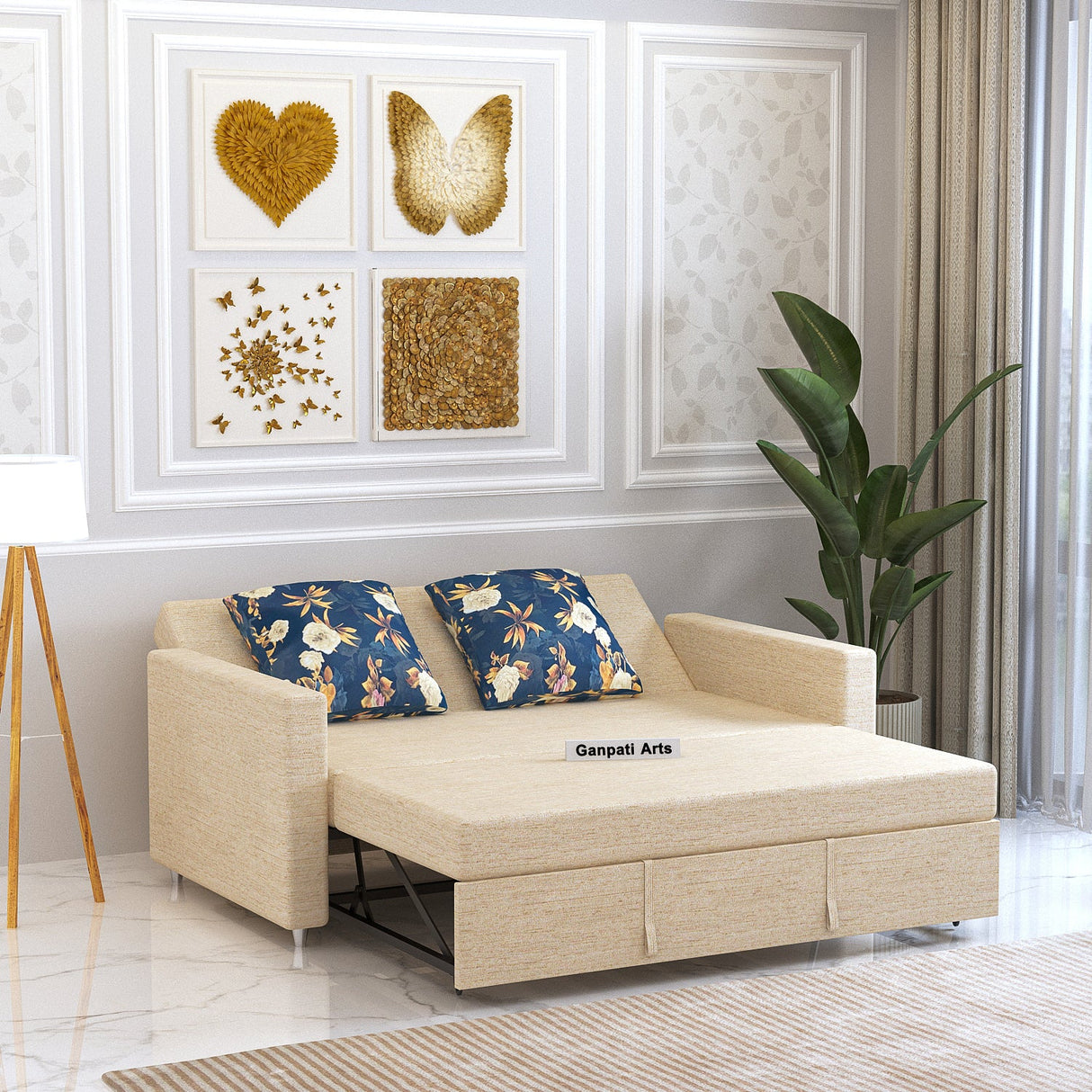 Victoria Fabric 3 Seater Pull Out Sofa Cum Bed(BEIGE) - 24 Months Warranty