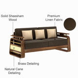 Edin Solid Sheesham Wood 3 Seater Sofa With Cane & Brass Detailing - 3 Year Warranty (LUXE EDITION)