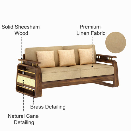 Edin Solid Sheesham Wood 3 Seater Sofa With Cane & Brass Detailing - 3 Year Warranty (LUXE EDITION)