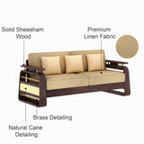 Edin Solid Sheesham Wood 3 Seater Sofa With Cane & Brass Detailing - 3 Year Warranty (LUXE EDITION)