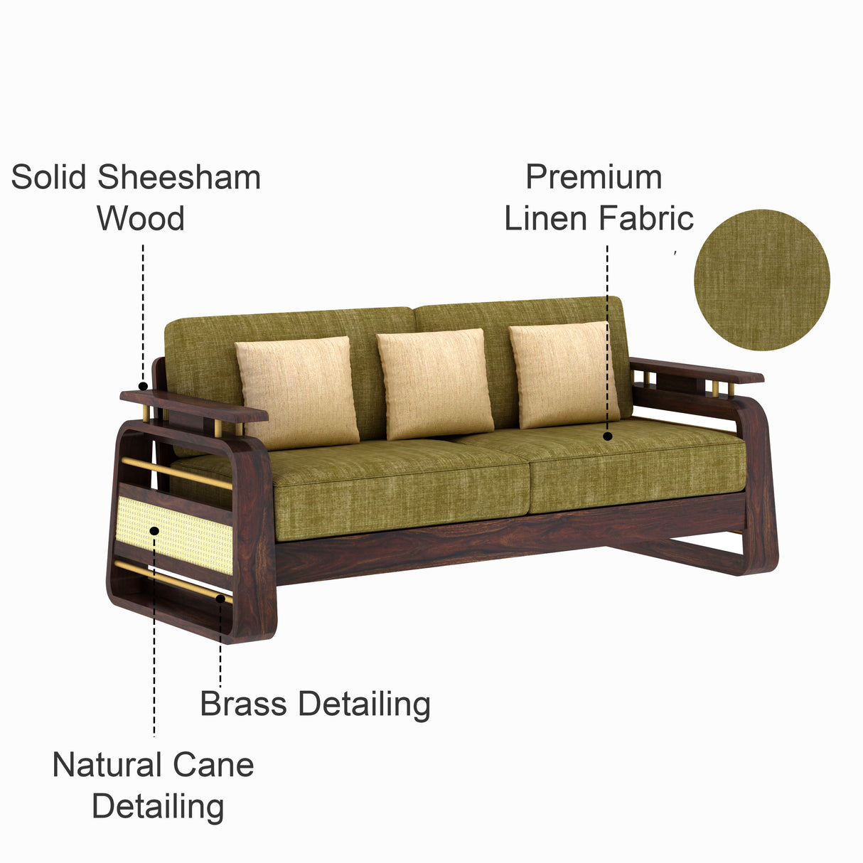 Edin Solid Sheesham Wood 3 Seater Sofa With Cane & Brass Detailing - 3 Year Warranty (LUXE EDITION)