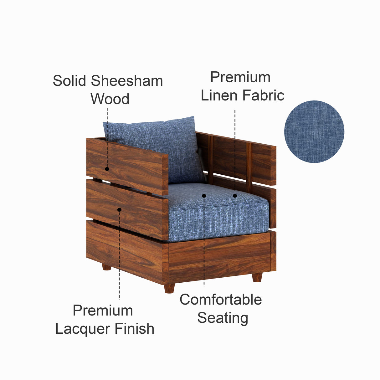 Cairo Solid Sheesham Wood Single Seater Sofa - 3 Year Warranty (LUXE EDITION)