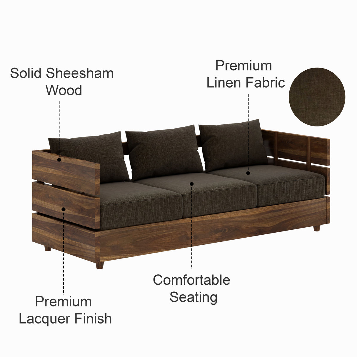 Cairo Solid Sheesham Wood 3 Seater Sofa - 3 Year Warranty (LUXE EDITION)
