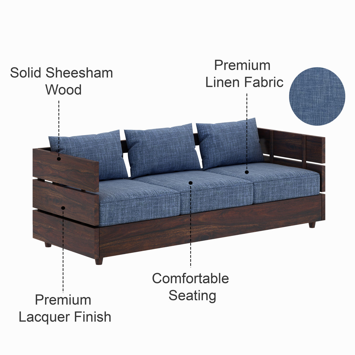 Cairo Solid Sheesham Wood 3 Seater Sofa - 3 Year Warranty (LUXE EDITION)