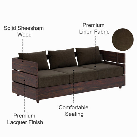 Cairo Solid Sheesham Wood 3 Seater Sofa - 3 Year Warranty (LUXE EDITION)
