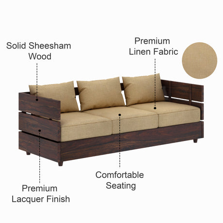 Cairo Solid Sheesham Wood 3 Seater Sofa - 3 Year Warranty (LUXE EDITION)