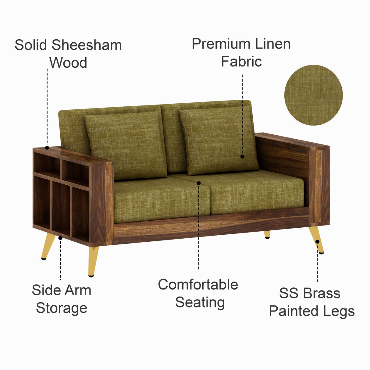Bolt Solid Sheesham Wood 2 Seater Sofa With Side Storage - 3 Year Warranty (LUXE EDITION)