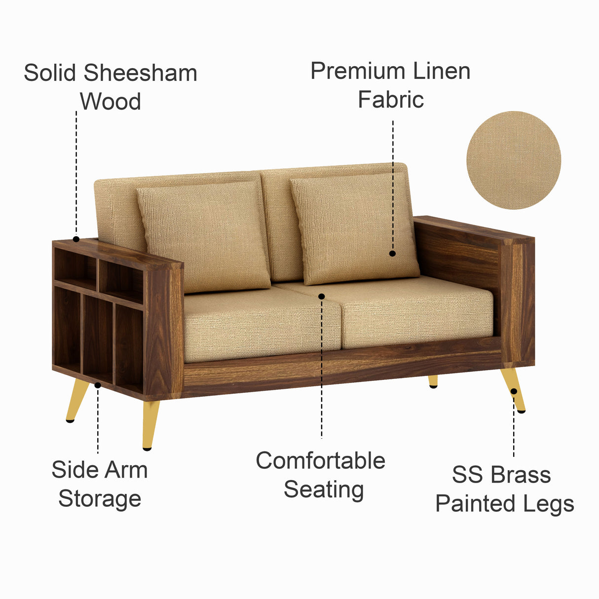 Bolt Solid Sheesham Wood 2 Seater Sofa With Side Storage - 3 Year Warranty (LUXE EDITION)