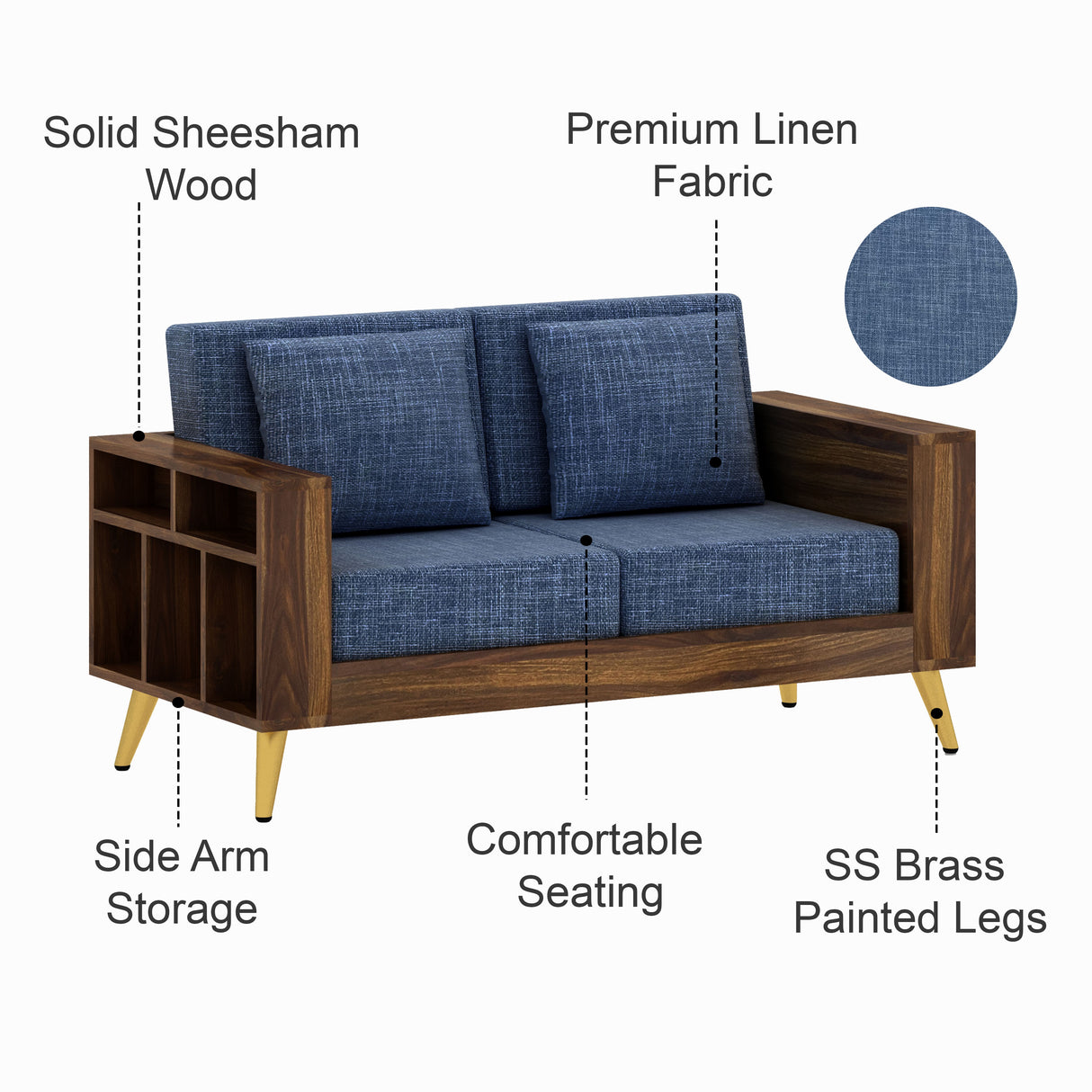 Bolt Solid Sheesham Wood 2 Seater Sofa With Side Storage - 3 Year Warranty (LUXE EDITION)