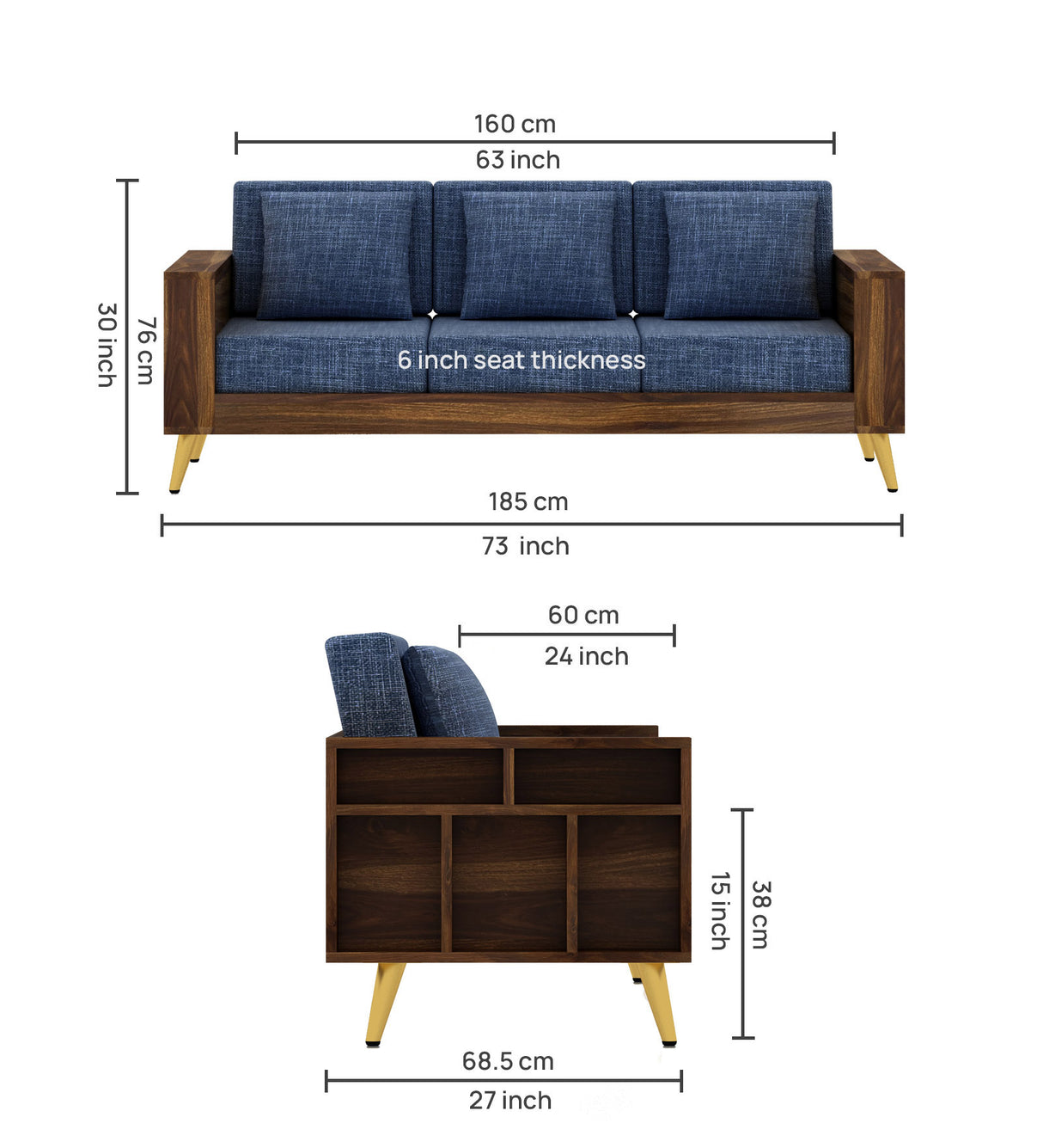 Bolt Solid Sheesham Wood 3 Seater Sofa With Side Storage - 3 Year Warranty (LUXE EDITION)