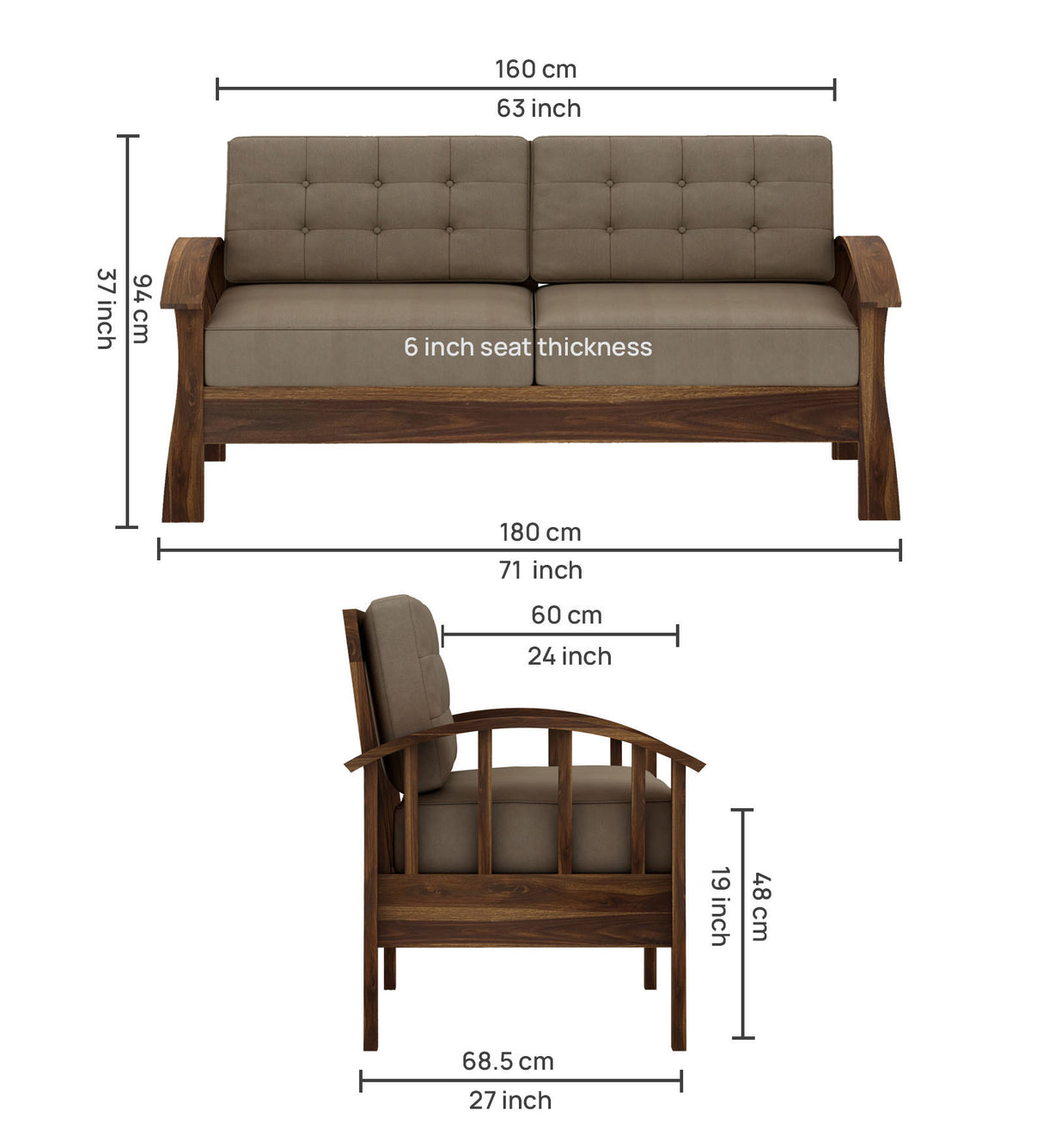 CROWN Solid Sheesham Wood 3 Seater Sofa - 3 Year Warranty (LUXE EDITION)