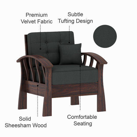 CROWN Solid Sheesham Wood Single Seater Sofa - 3 Year Warranty (LUXE EDITION)