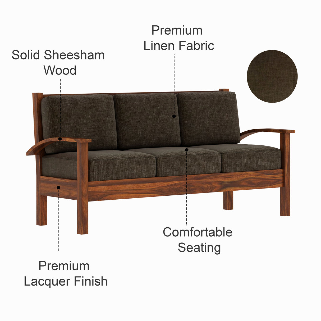 DELTA Solid Sheesham Wood 3 Seater Sofa - 3 Year Warranty (LUXE EDITION)