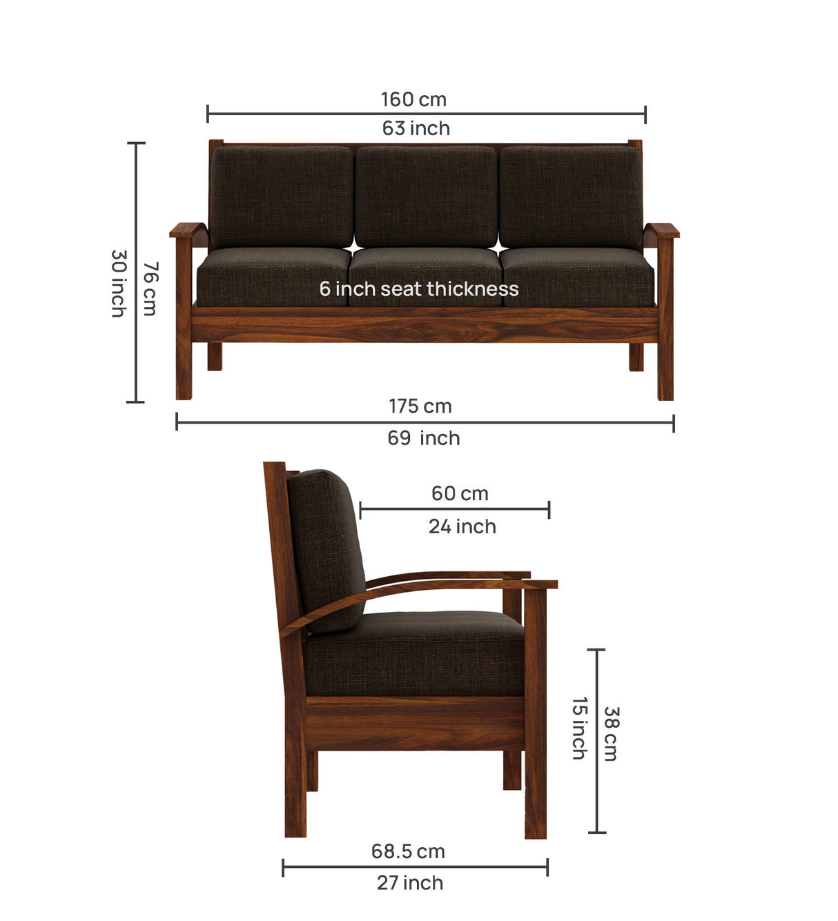 DELTA Solid Sheesham Wood 3 Seater Sofa - 3 Year Warranty (LUXE EDITION)